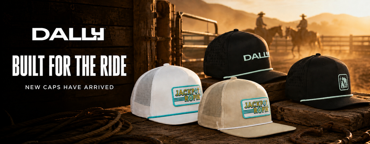 Four Dally Up caps with horseback riders in the background. Built for the ride. New caps have arrived.
